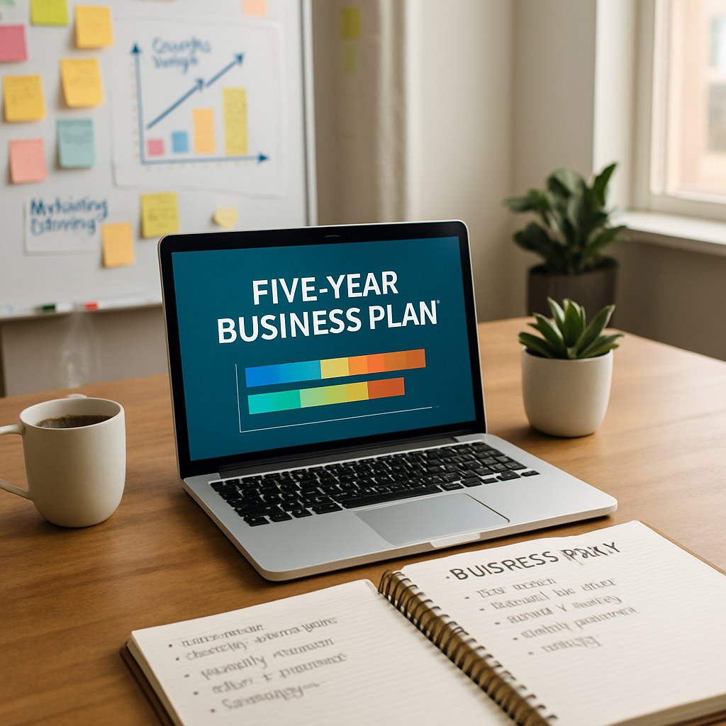 photographic The image depicts a professional workspace featuring a large wooden desk neatly organized with various business planning materials A lapt-1